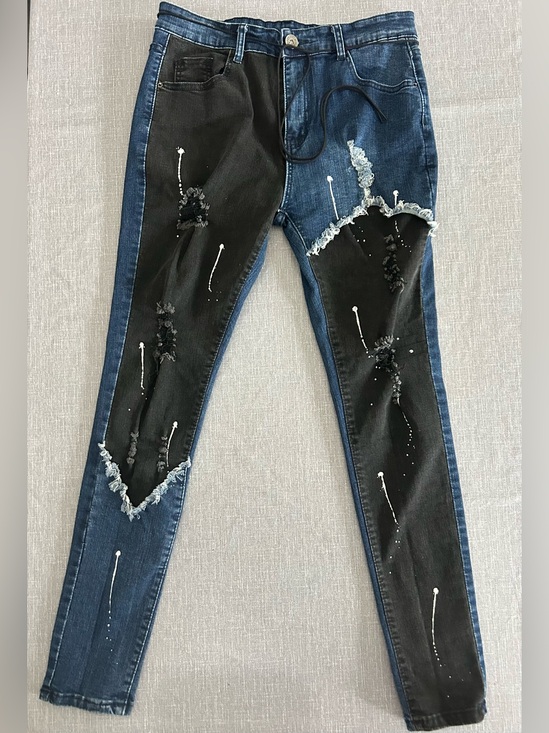 ROMWE Other - ROMWE Two-Tone Blue Black Distressed Skinny Jeans Paint Splatter Edgy Streetwear